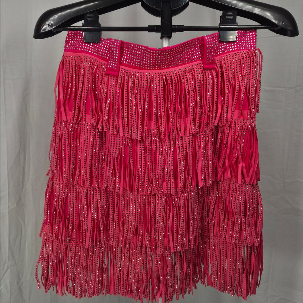 Hot Pink Rhinestone Fringe Mini Skirt Festival Western Party Clubwear Small